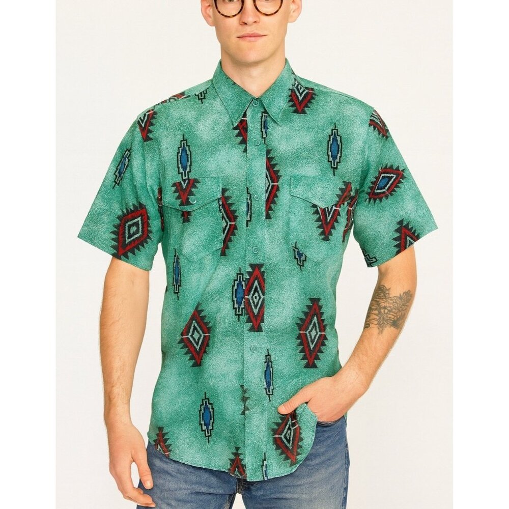 Wrangler Aztec Button Up Short Sleeve Men’s Cowboy 16 Large Blue VTG